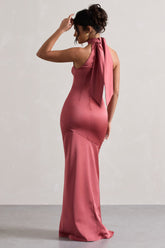Vintage Berry Satin High-Neck Maxi Dress